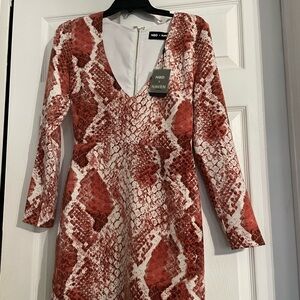 NWT NBD X NAVEN Bold Reddish/Burgundy, Brown and White Snake Print Dress, XS